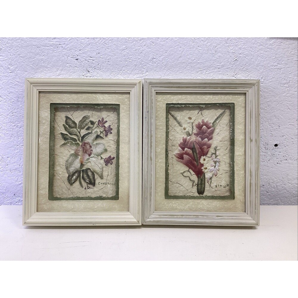 vtg floral artworks set of 2 3-D resin botanical sculptures signed Cheri Blum